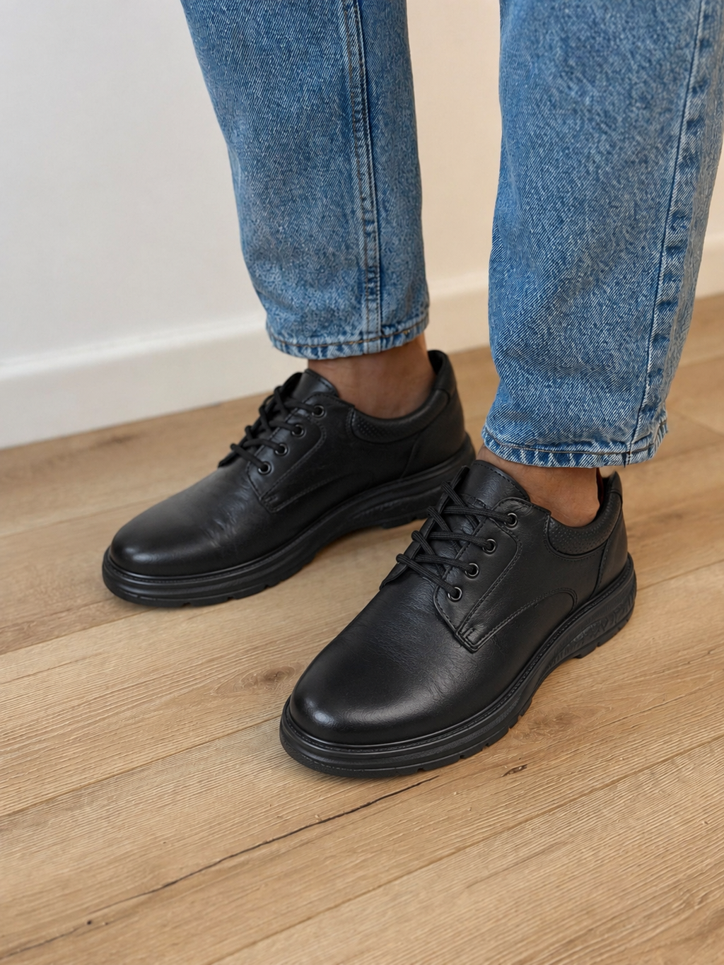 Pantofi casual bărbați negri din piele naturală cu talpă groasă
