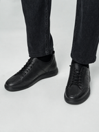 Pantofi casual bărbați negri din piele naturală cu cusături decorative