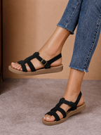 Sandale casual damă negre din piele naturală întoarsă cu bretele