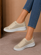 Pantofi sport casual damă bej din piele naturală cu perforații și talpă albă