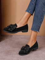 Pantofi casual damă negri din piele întoarsă cu fundă decorativă