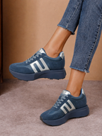 Pantofi sport damă bleumarin din piele naturală cu dungi argintii