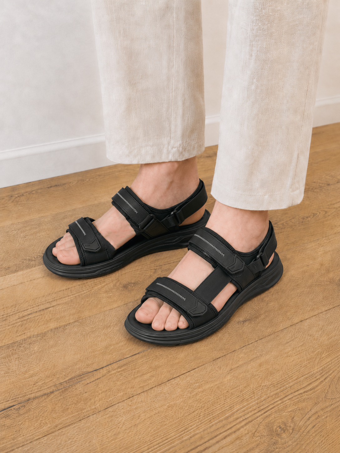 Sandale casual bărbați negre din piele naturală cu arici