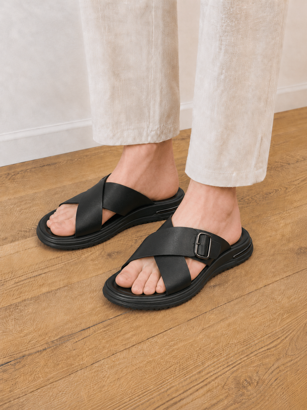 Papuci casual bărbați negri din piele naturală cu bretele încrucișate și cataramă
