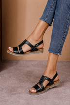 Sandale casual damă negre din piele naturală cu elastic central