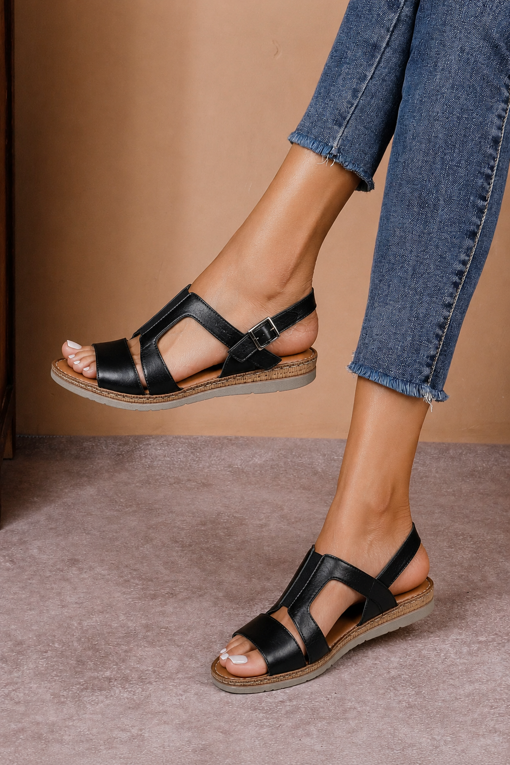 Sandale casual damă negre din piele naturală cu elastic central