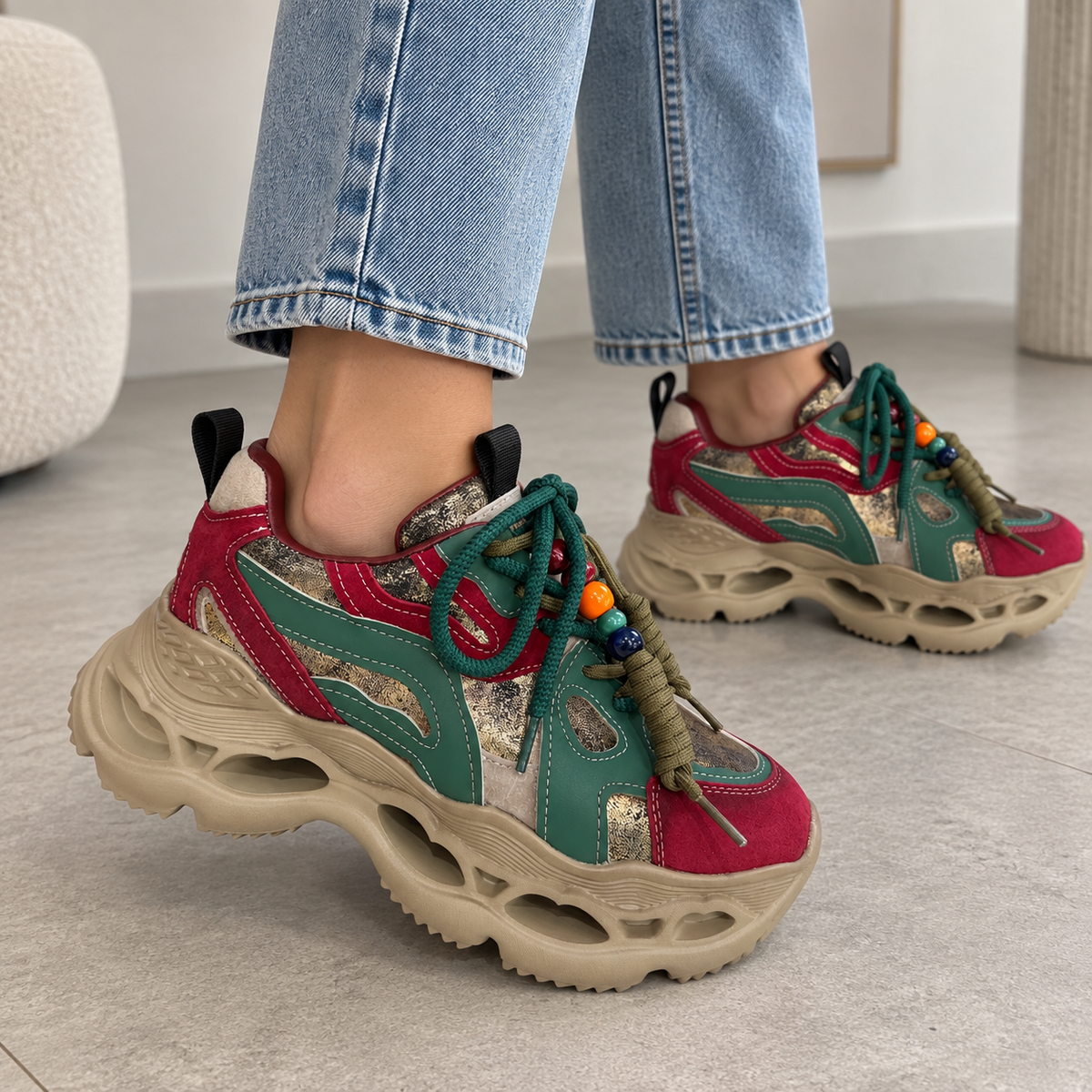 Adidași Damă Chunky cu Talpă Groasă – Verde, Bordo & Auriu