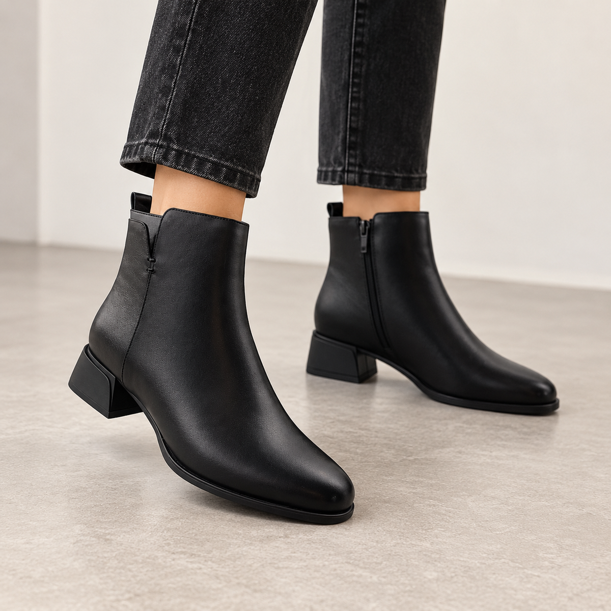 Ghete damă din piele naturală, negre, cu toc mic pătrat – eleganță și confort