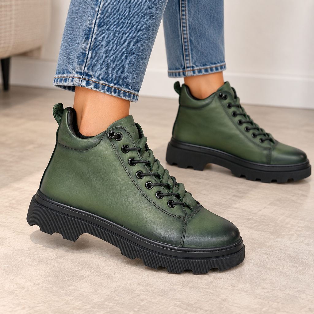 Ghete damă din piele naturală, kaki cu siret