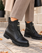Ghete damă din piele naturală, negre, cu talpă groasă și fermoar