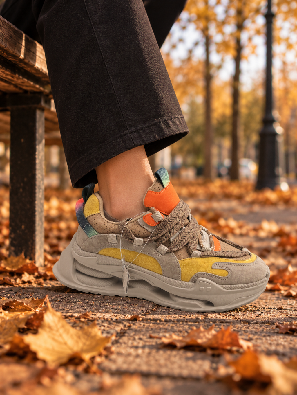 Pantofi sport damă din piele naturală bej/galben/portocaliu