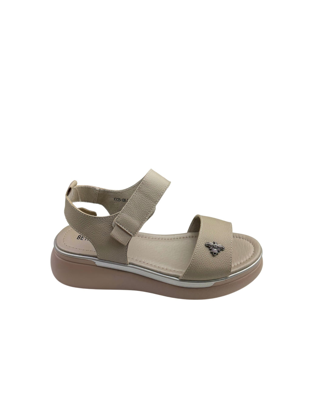 Sandale casual damă bej din piele naturală cu ornament albinuță