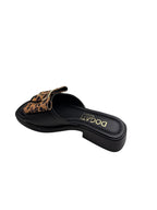 Papuci damă negri din piele naturală cu fundă animal print