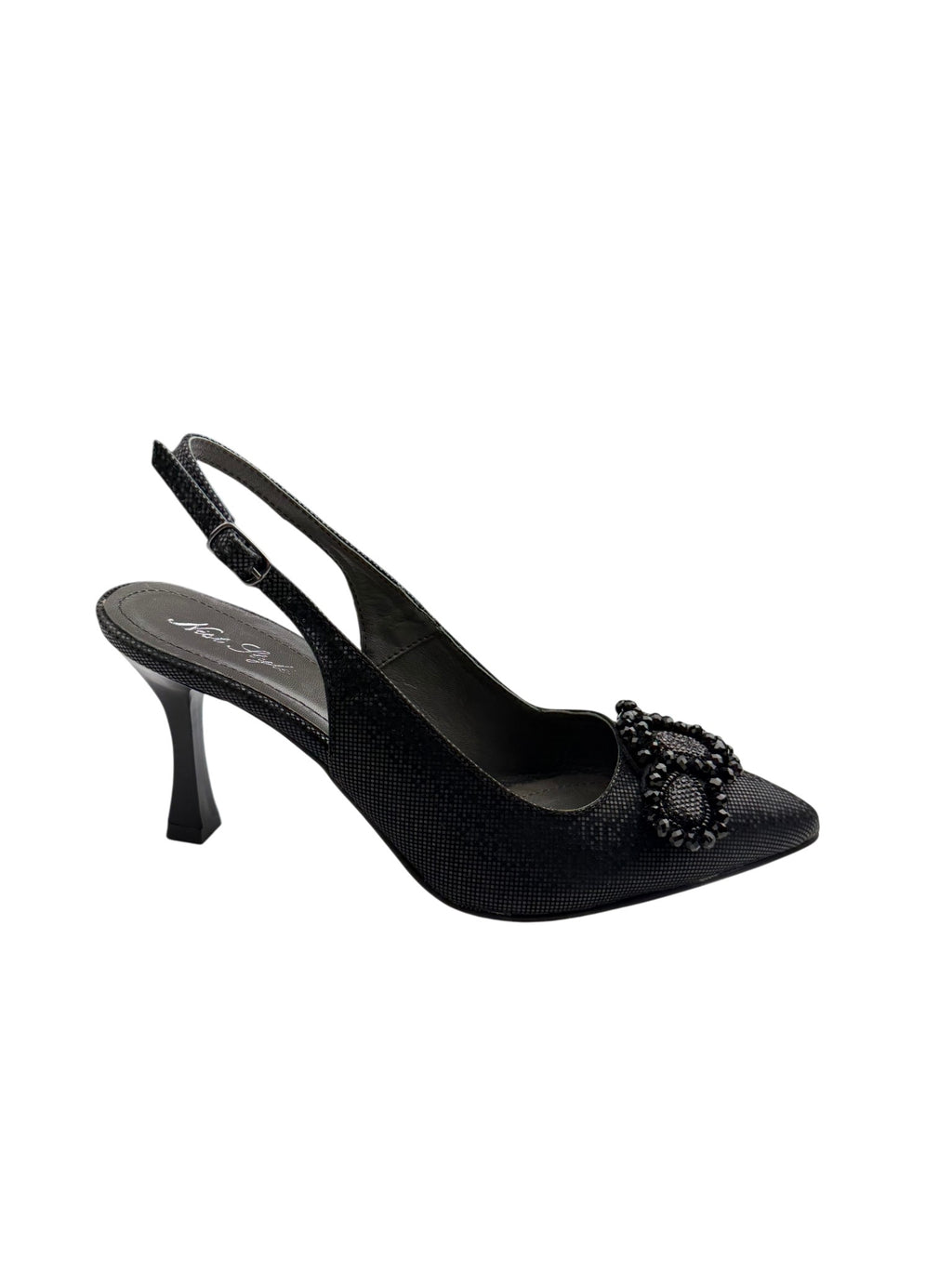 Pantofi eleganți damă negri cu toc și ornamente perlate