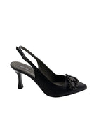 Pantofi eleganți damă negri cu toc și ornamente perlate