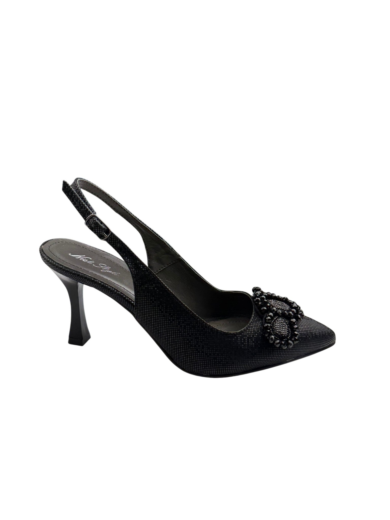 Pantofi eleganți damă negri cu toc și ornamente perlate