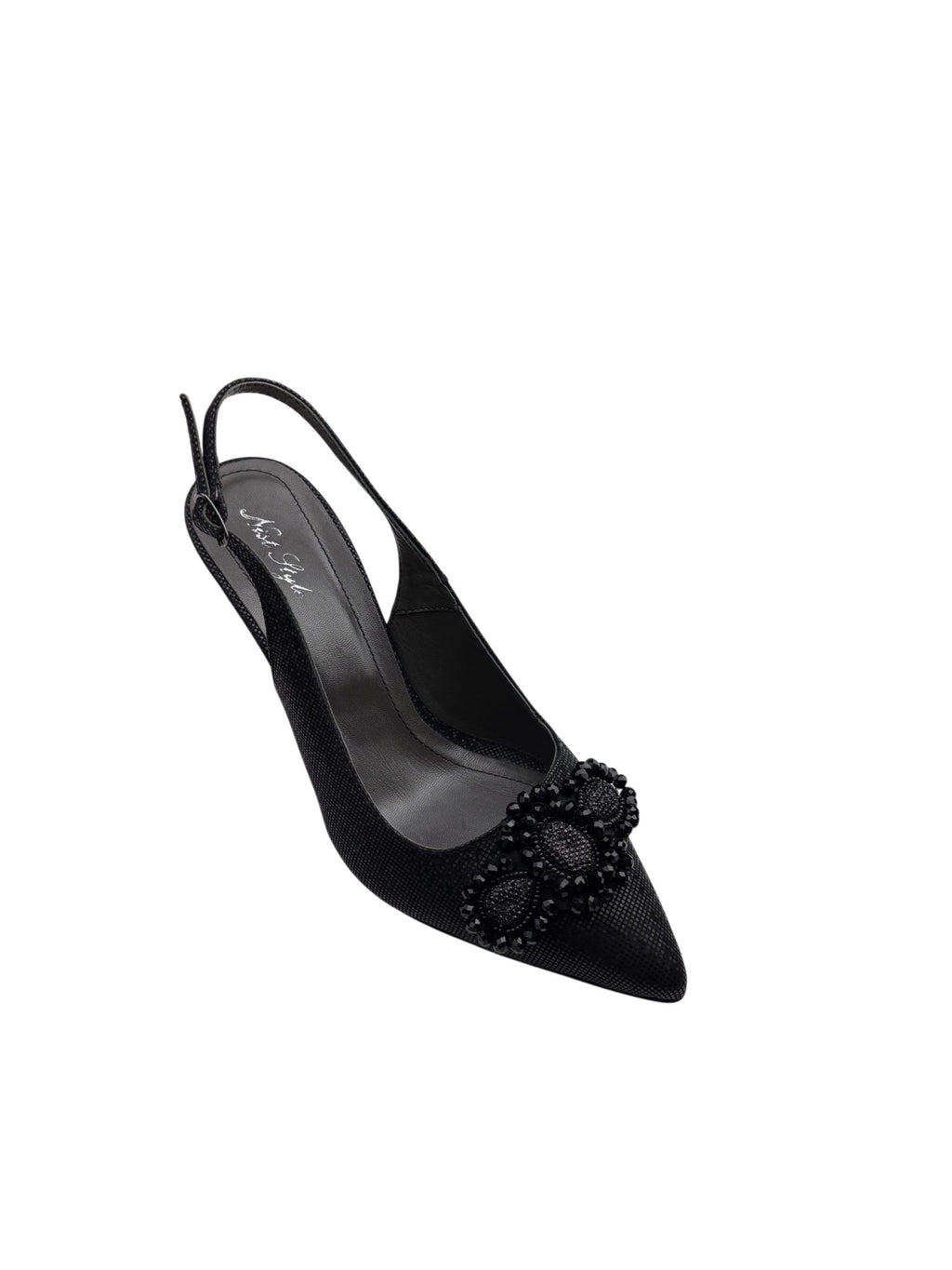 Pantofi eleganți damă negri cu toc și ornamente perlate