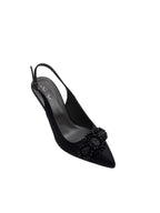 Pantofi eleganți damă negri cu toc și ornamente perlate