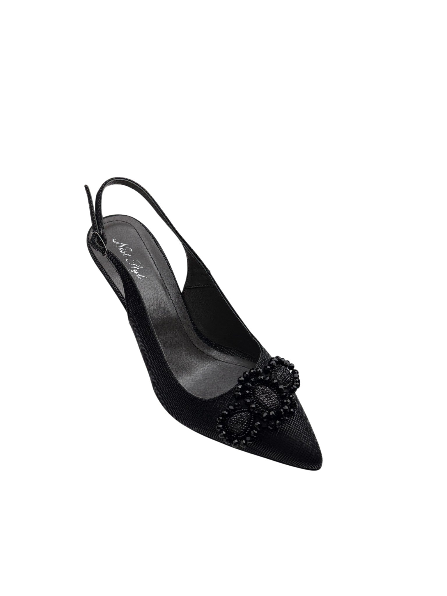 Pantofi eleganți damă negri cu toc și ornamente perlate