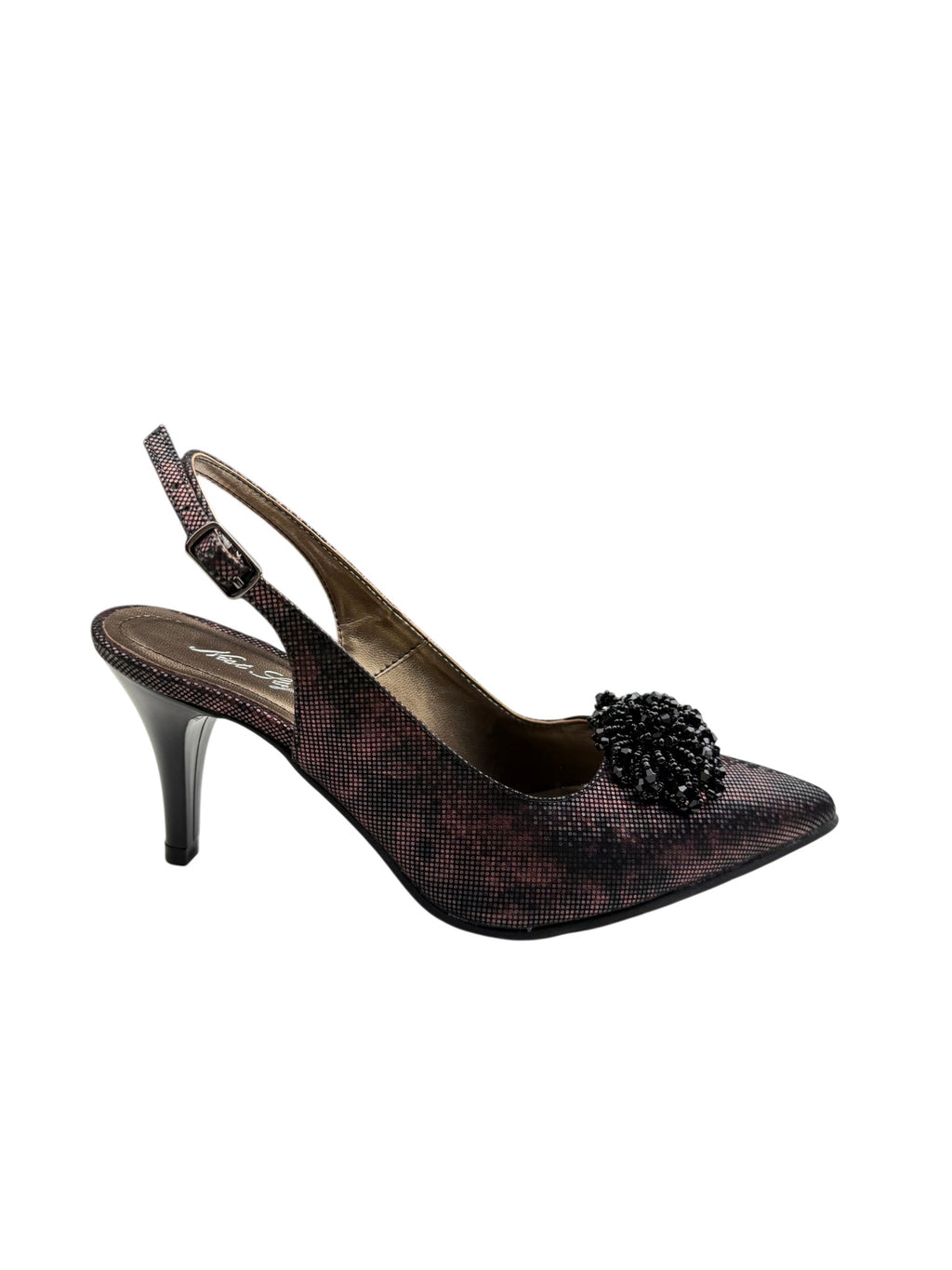 Pantofi eleganți damă maro din piele naturală cu toc subțire și ornament