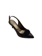 Pantofi eleganți damă maro din piele naturală cu toc subțire și ornament