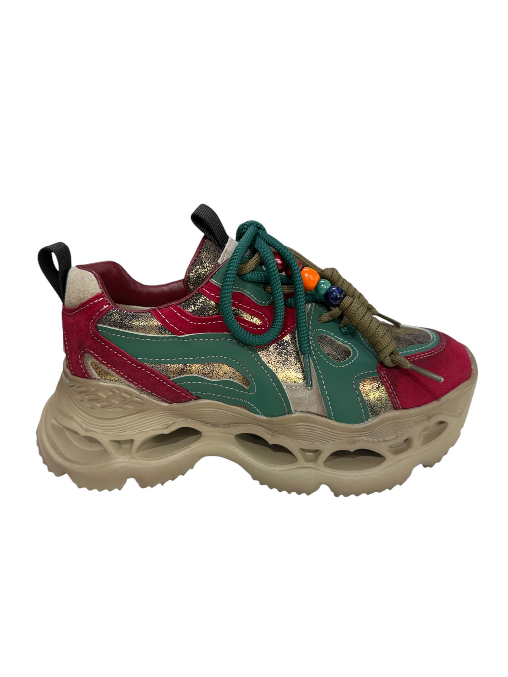Adidași Damă Chunky cu Talpă Groasă – Verde, Bordo & Auriu