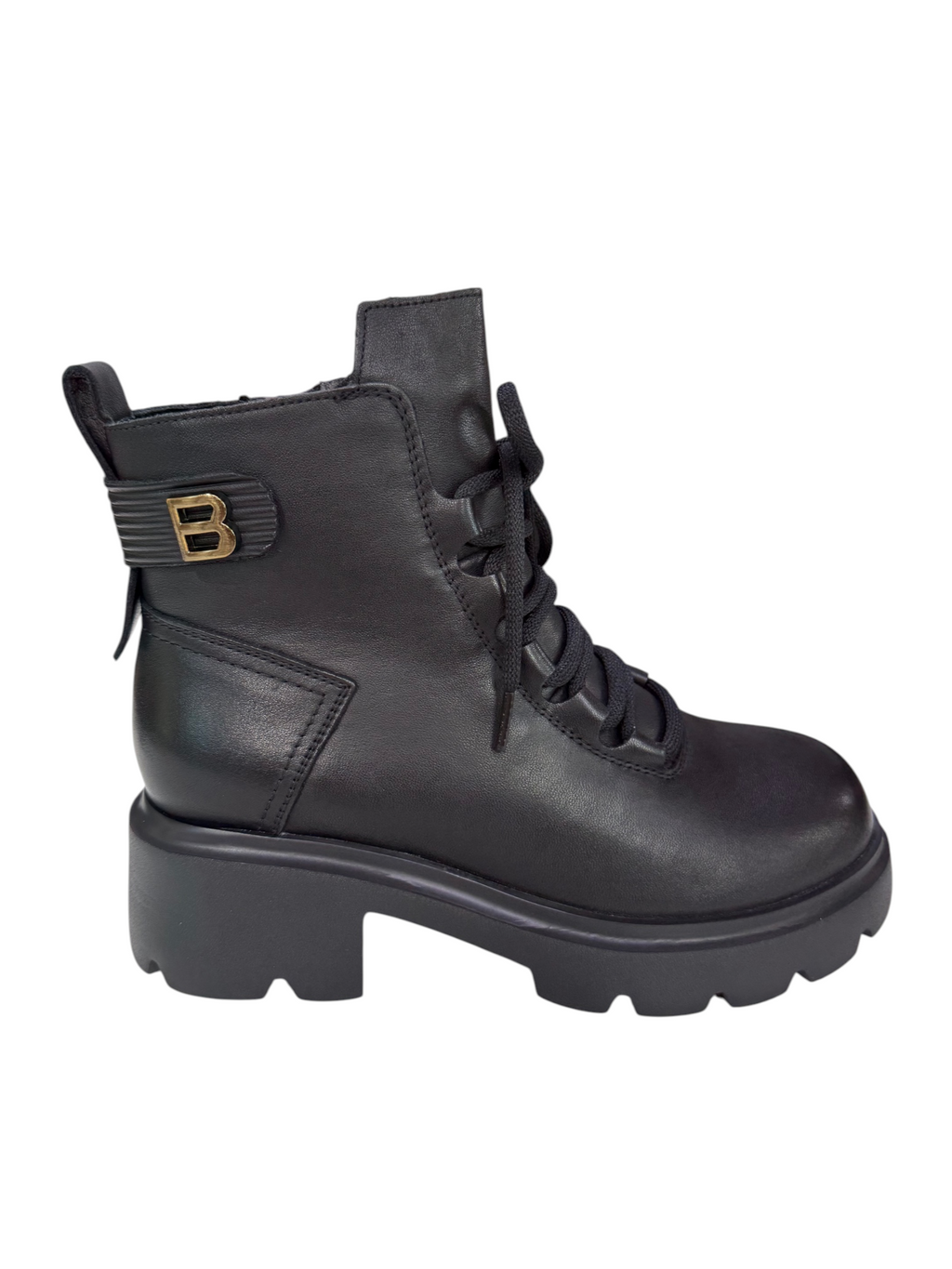 Ghete damă negre tip combat cu șireturi și talpă chunky