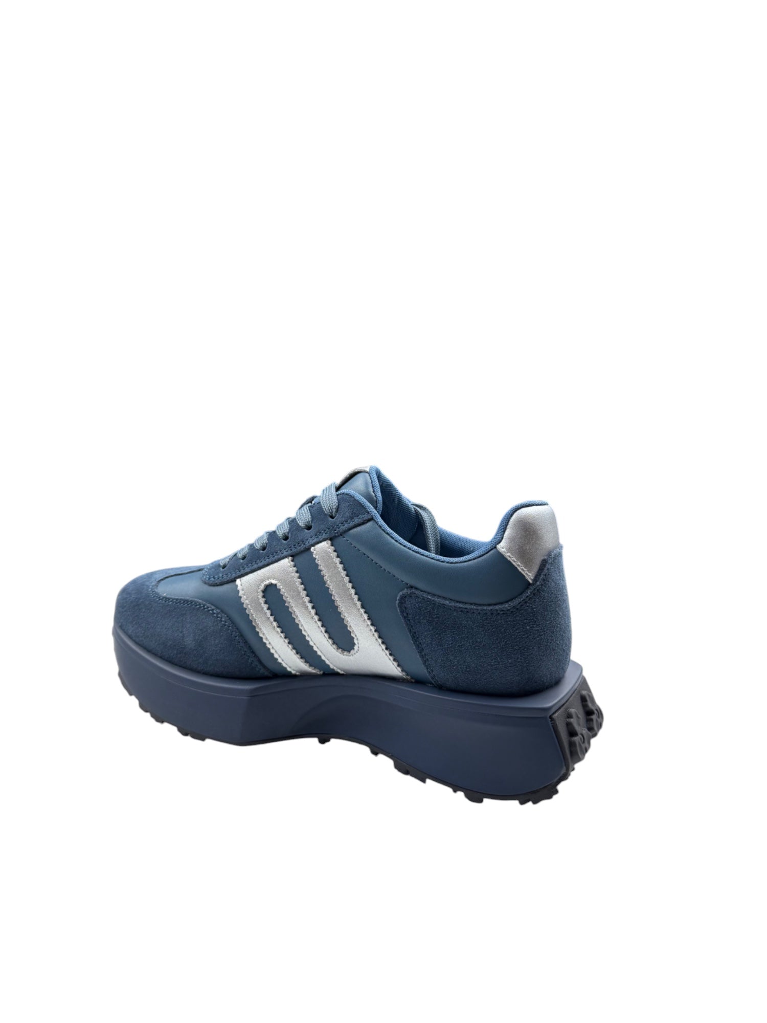 Pantofi sport damă bleumarin din piele naturală cu dungi argintii