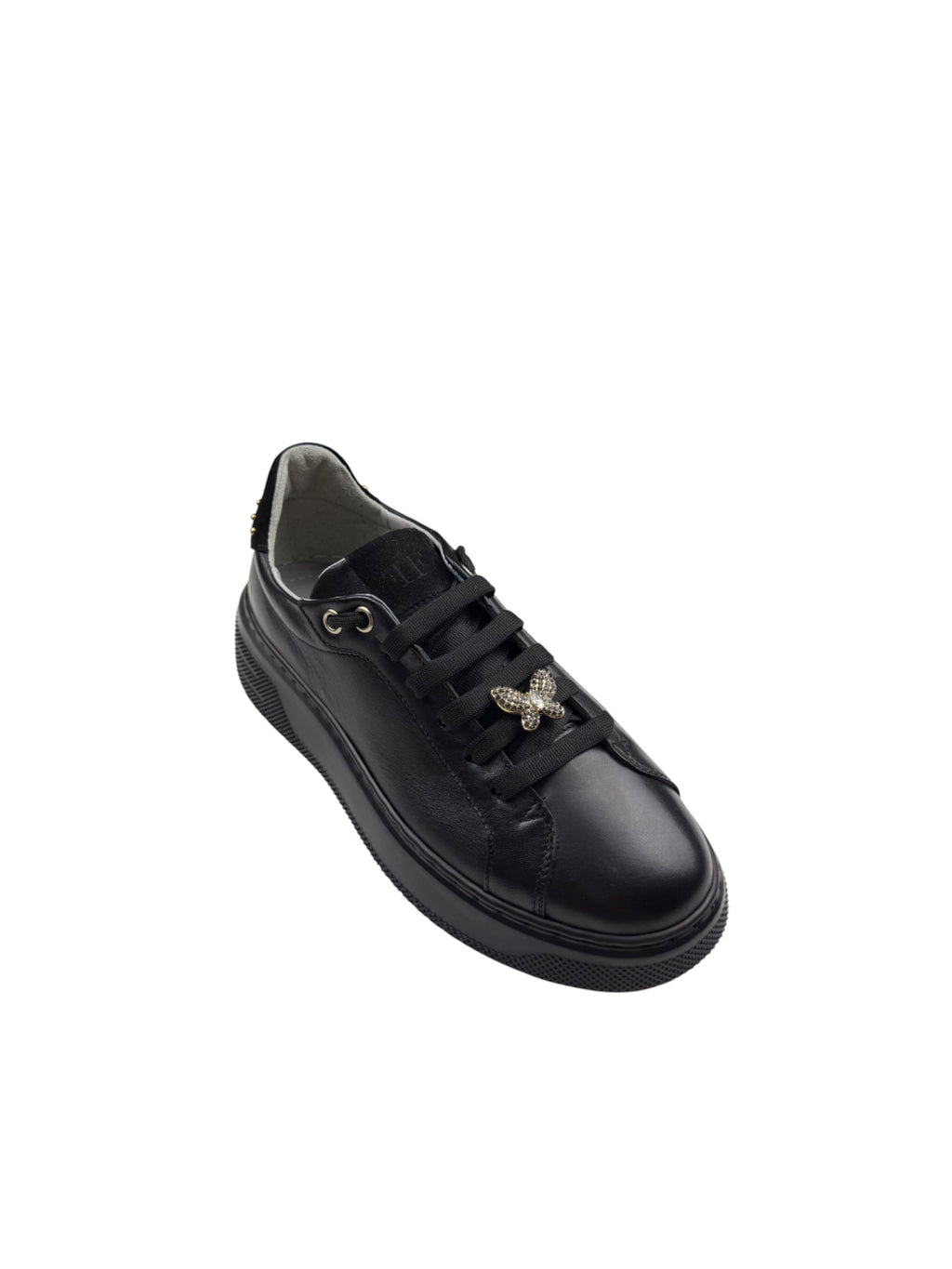 Adidași sport damă negri din piele naturală cu detalii aurii