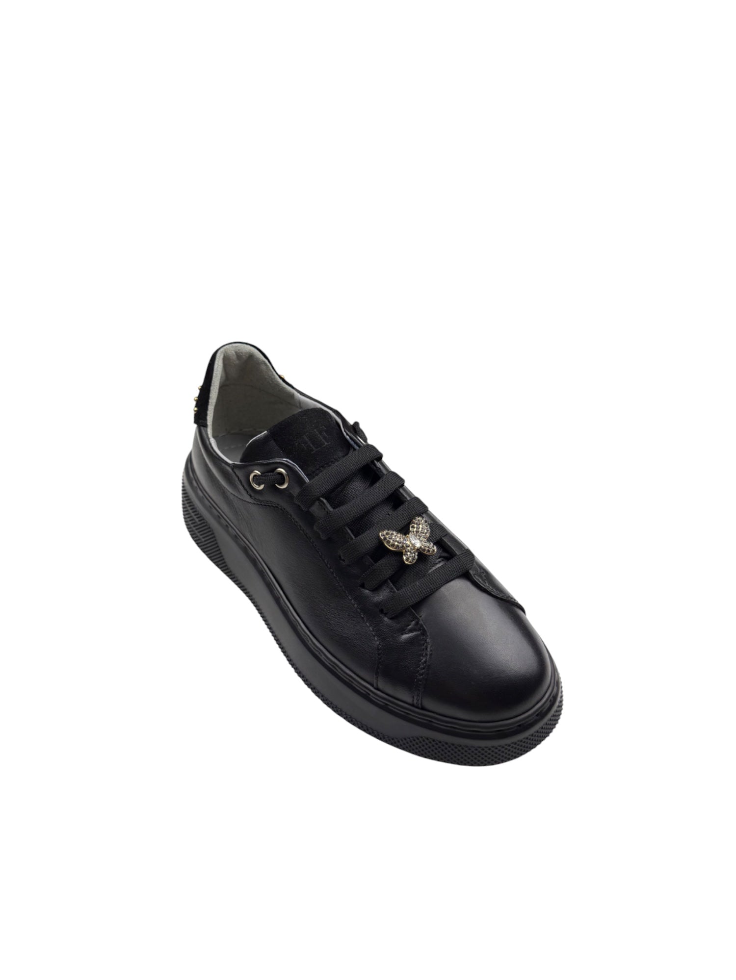 Adidași sport damă negri din piele naturală cu detalii aurii