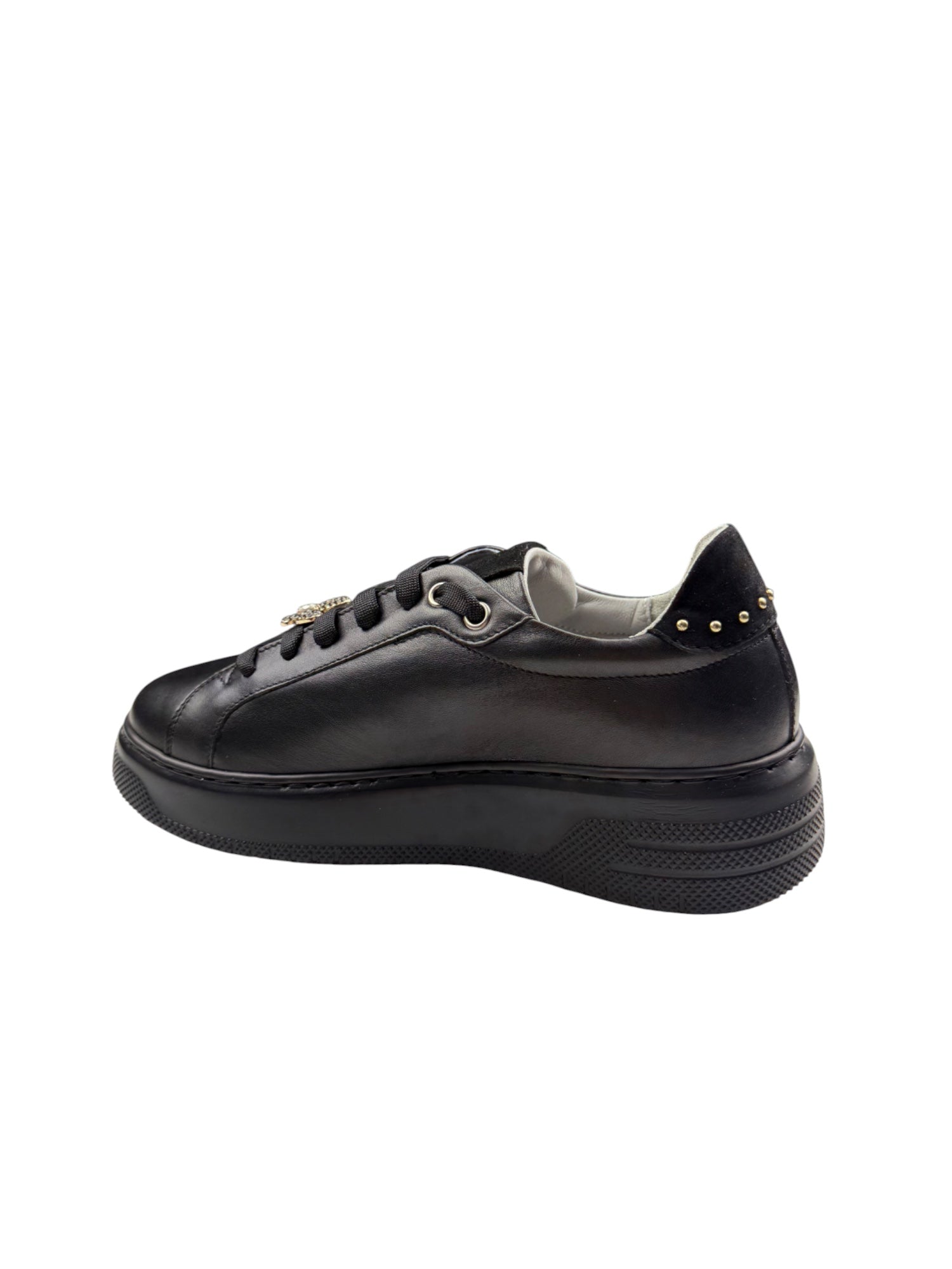 Adidași sport damă negri din piele naturală cu detalii aurii