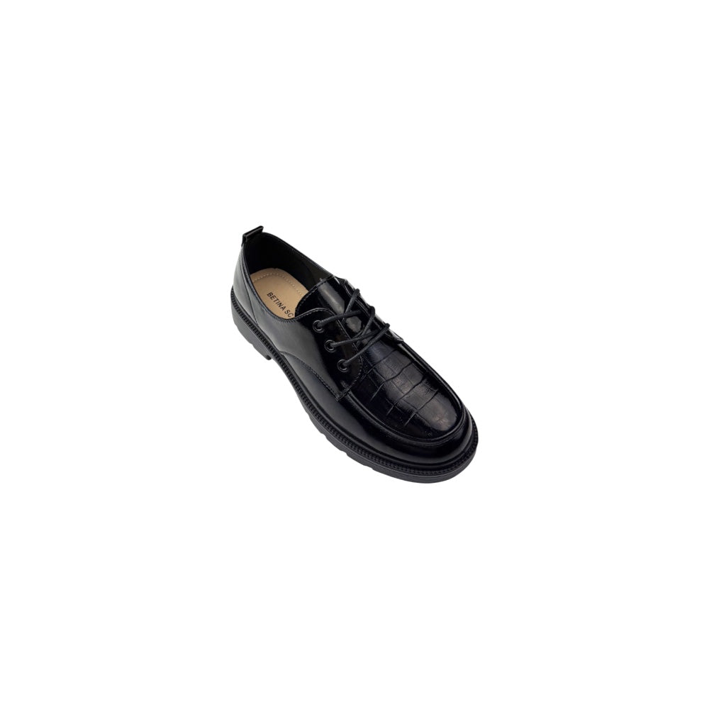 Pantofi Oxford negri damă din piele naturală cu imprimeu croco