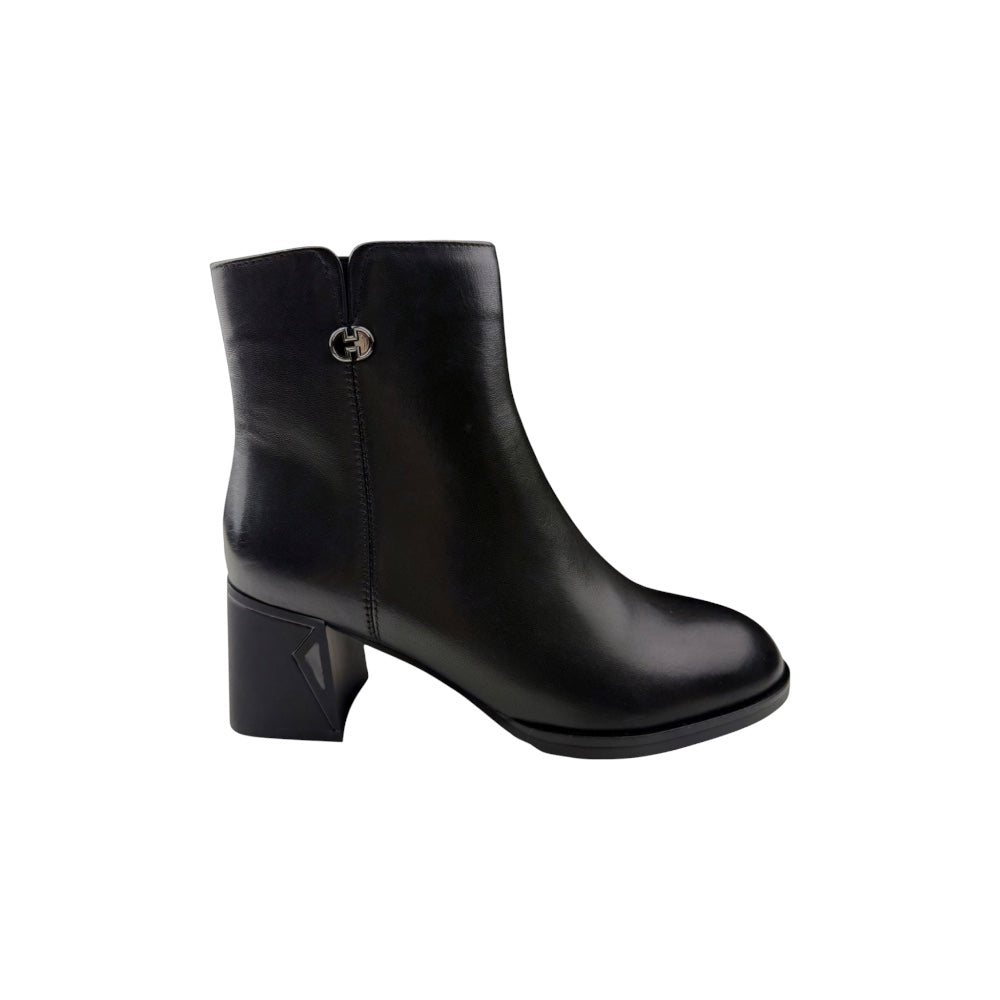 Ghete elegante damă din piele naturală, negre, cu toc mediu