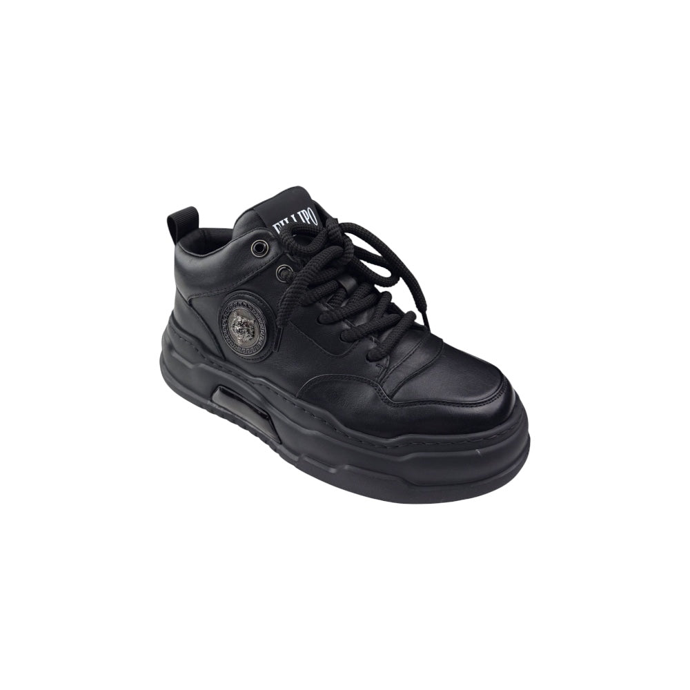 Ghete sport negre din piele naturală cu emblemă metalică