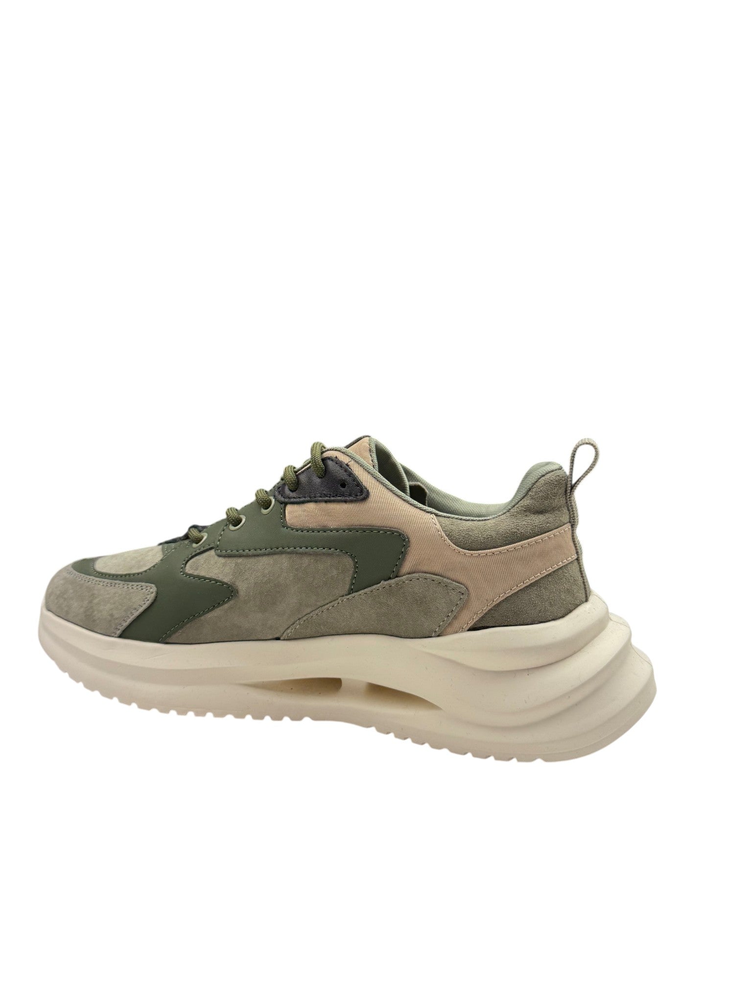 Pantofi sport bărbați kaki & bej din piele naturală cu talpă înaltă