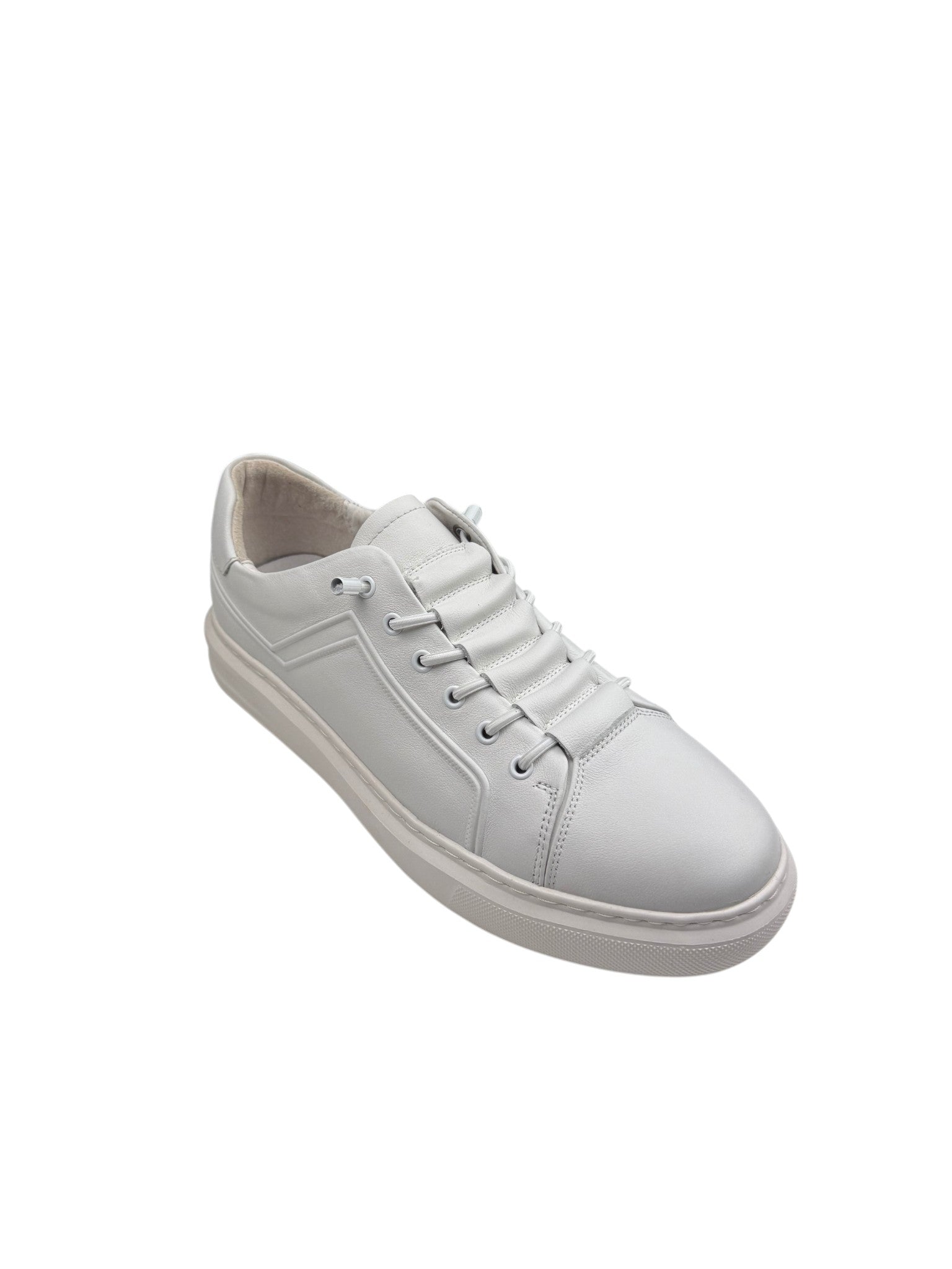 Pantofi sport bărbați albi din piele naturală cu șireturi elastice și talpă albă