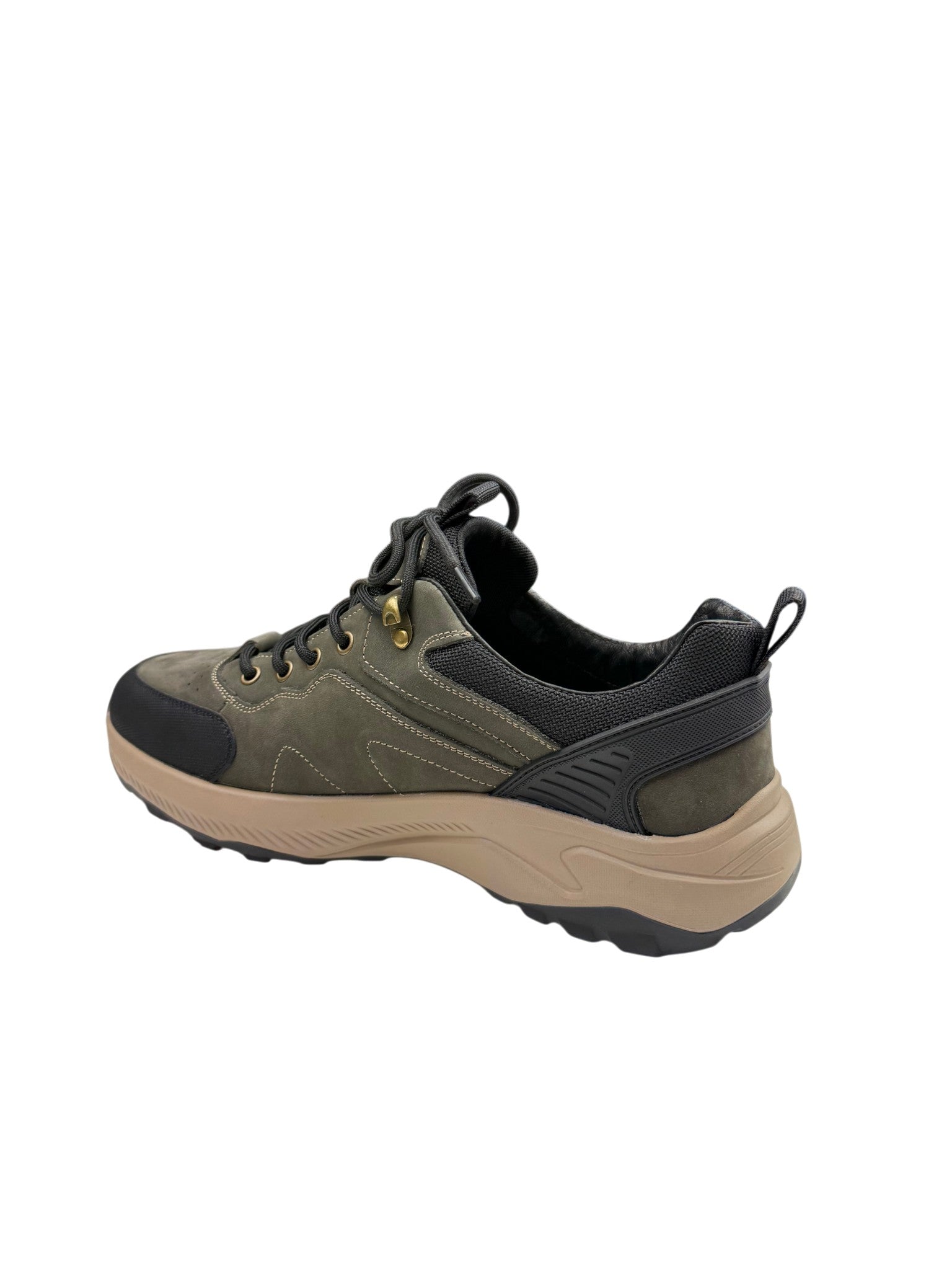 Pantofi sport bărbați kaki + negru din piele naturală și talpă bej