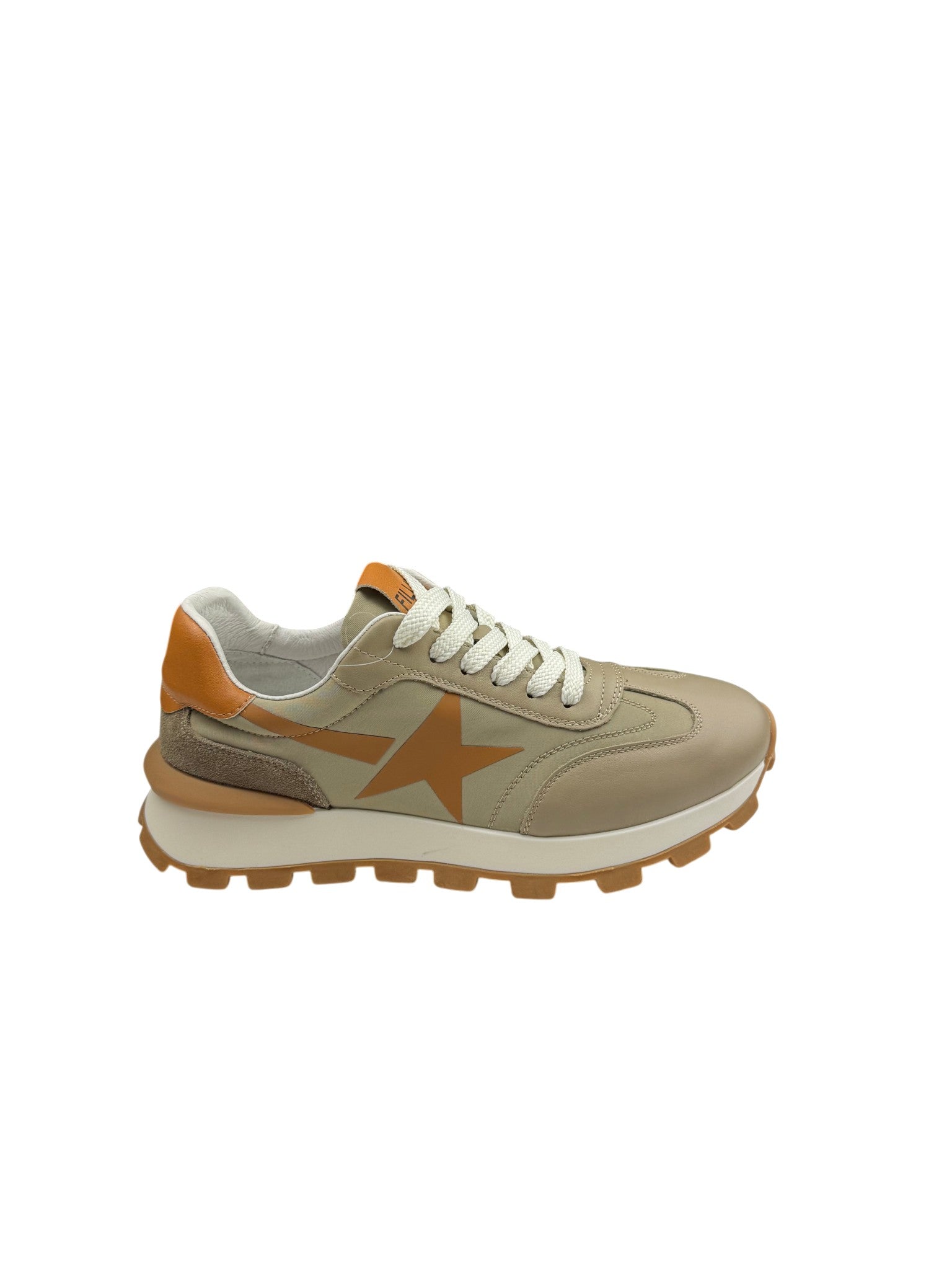 Pantofi sport bărbați bej din piele naturală cu stea laterală portocalie