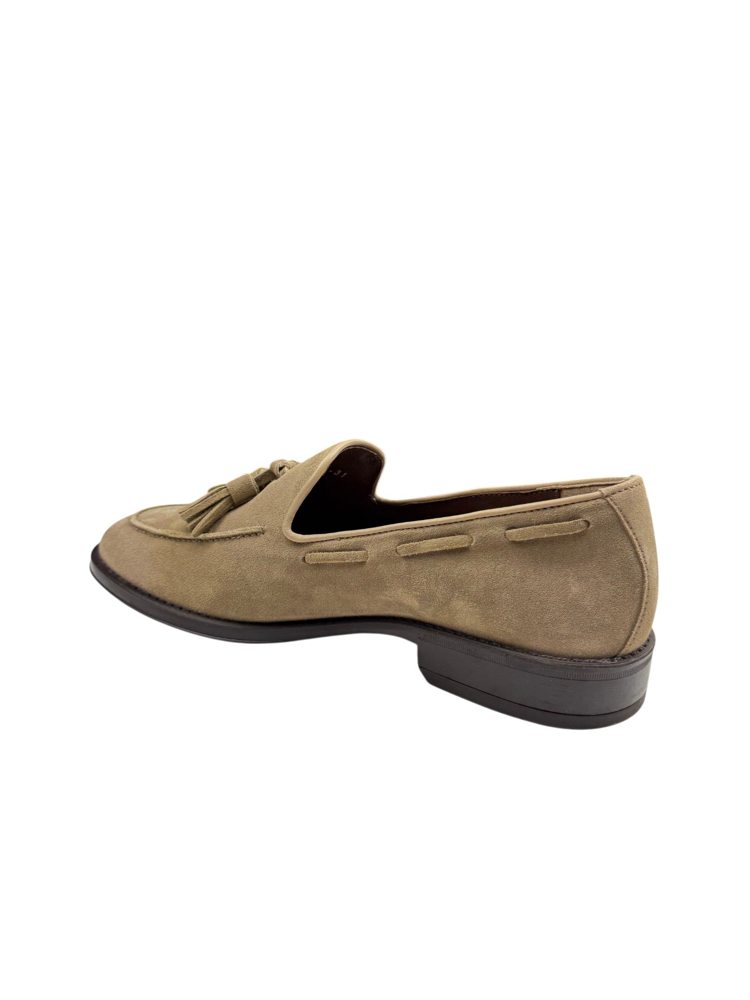 Pantofi eleganți bărbați taupe din piele întoarsă cu ciucuri și talpă neagră