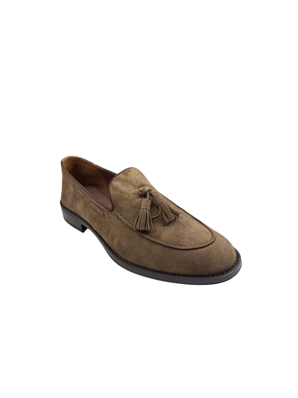 Pantofi eleganți bărbați maro din piele întoarsă cu ciucuri și talpă neagră