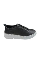 Pantofi sport casual damă negri din piele naturală cu perforații și talpă albă