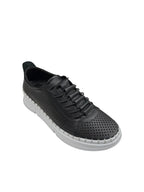 Pantofi sport casual damă negri din piele naturală cu perforații și talpă albă
