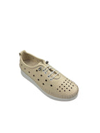 Pantofi casual damă crem din piele naturală cu perforații și șireturi albe