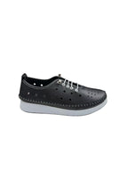 Pantofi casual damă negri din piele naturală cu perforații și șireturi albe