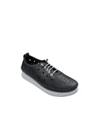 Pantofi casual damă negri din piele naturală cu perforații și șireturi albe