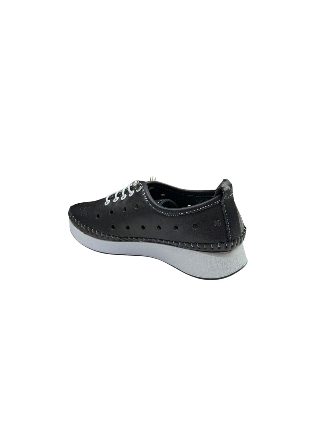 Pantofi casual damă negri din piele naturală cu perforații și șireturi albe