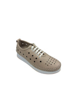 Pantofi casual damă bej din piele naturală cu perforații și șireturi albe