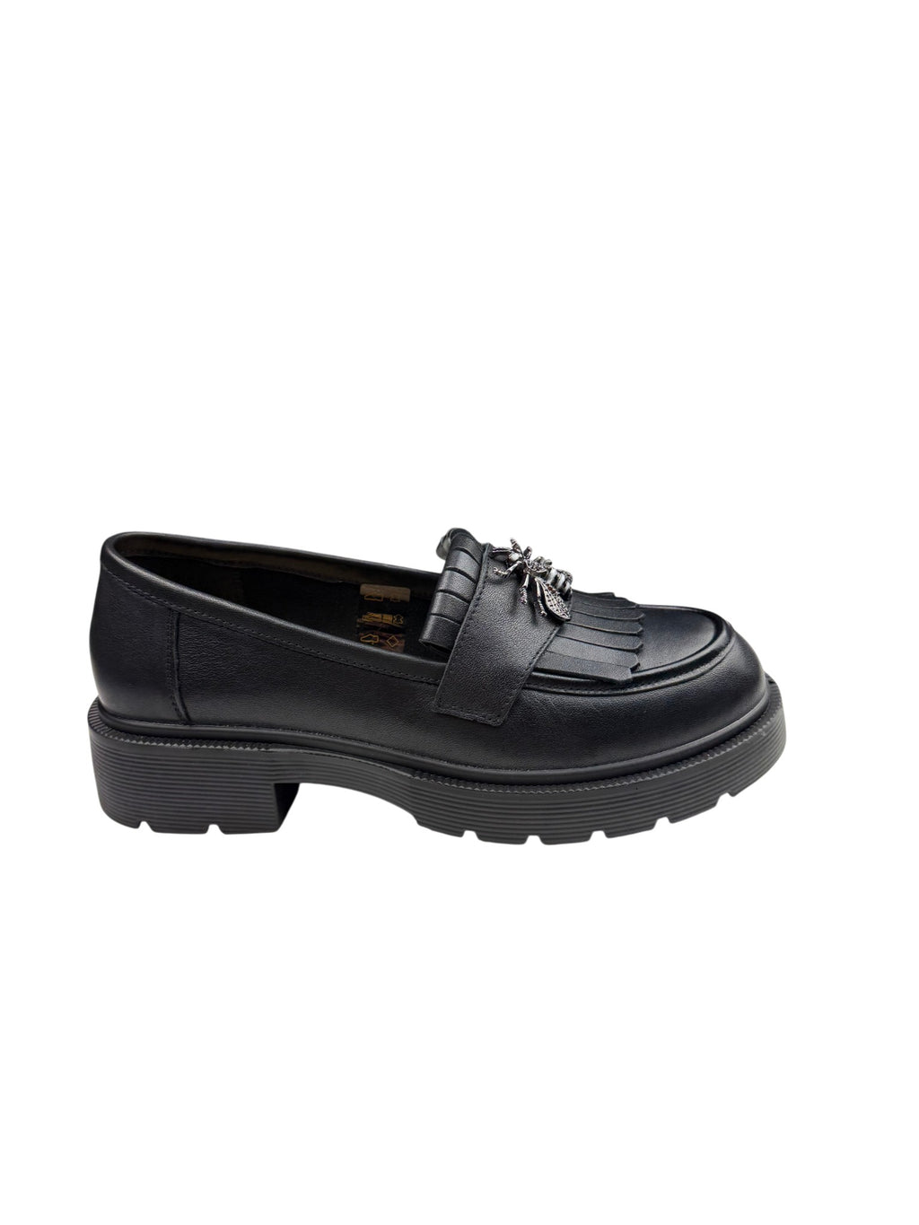 Pantofi casual damă negri din piele naturală cu franjuri și broșă albinuță