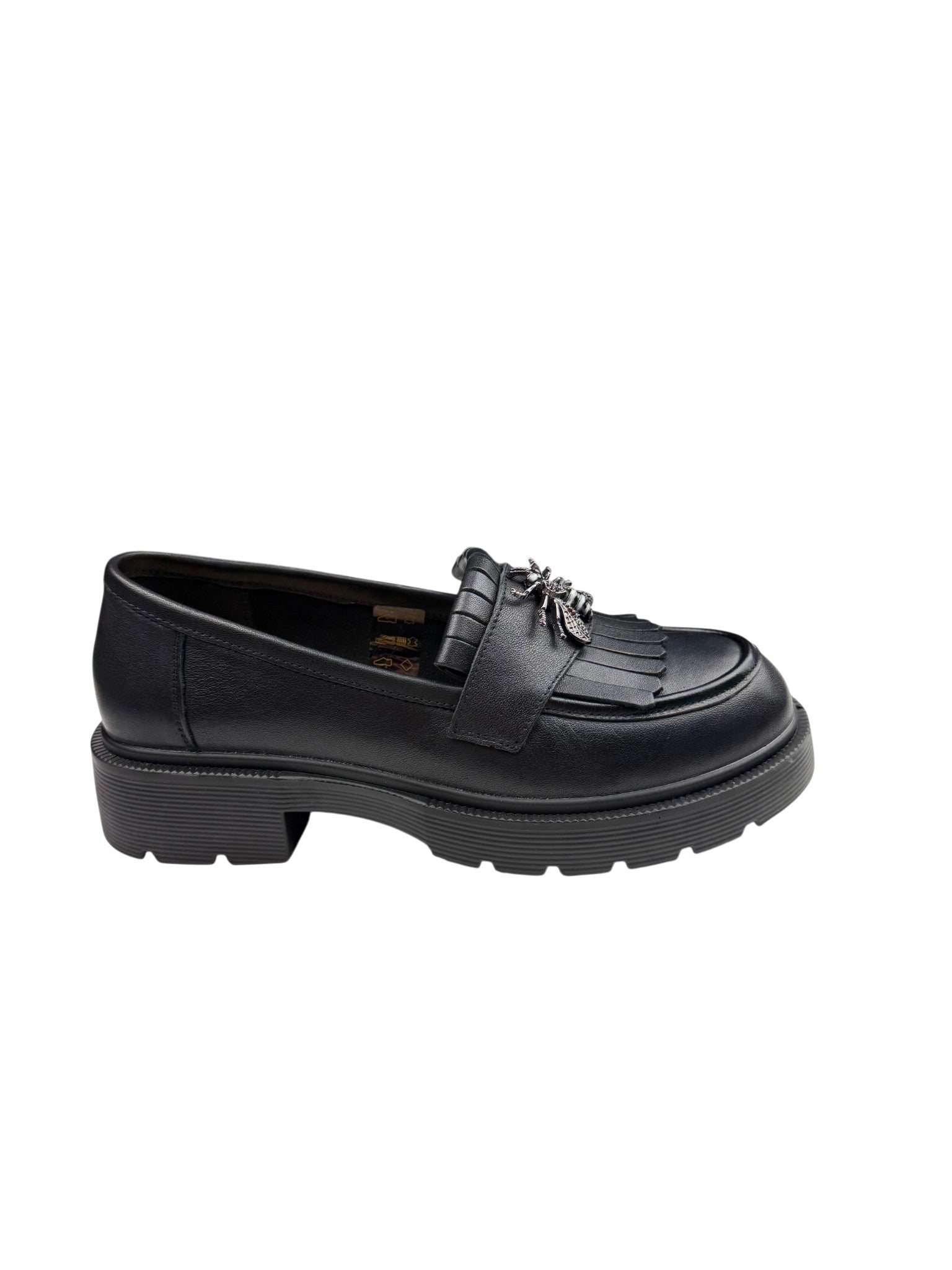 Pantofi casual damă negri din piele naturală cu franjuri și broșă albinuță