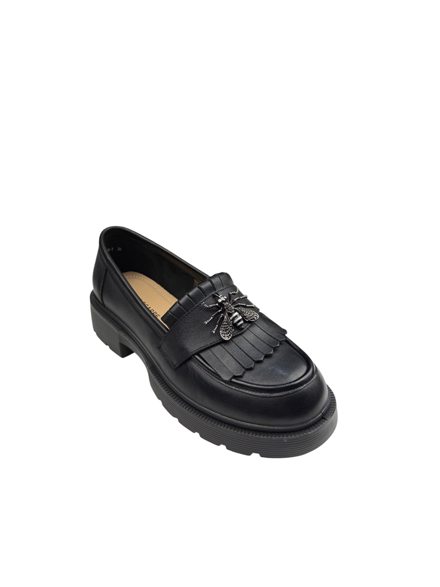 Pantofi casual damă negri din piele naturală cu franjuri și broșă albinuță